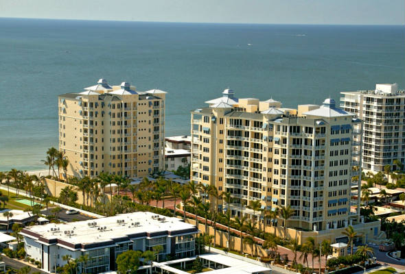 Aerial view of condos and Gulf of Mexico
