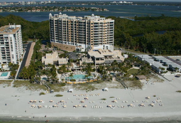 Aerial view of building and beach